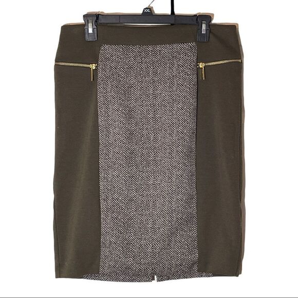 Michael Michael Kors Brown Tweed Pencil Skirt Goldtone Zippered Pockets 10 - Picture 1 of 14